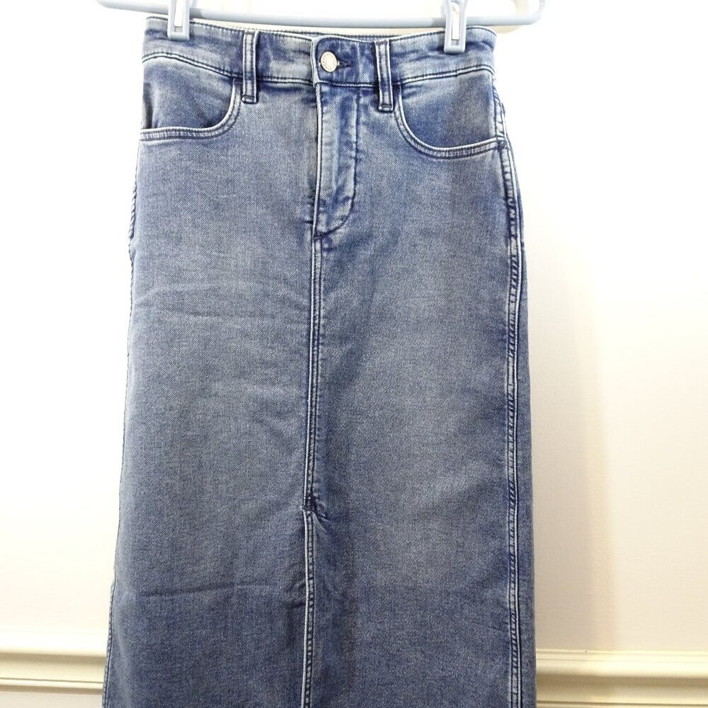 Faherty Stretch Terry Midi Skirt Riverton Front Slit Pockets Size 0 Denim Blue